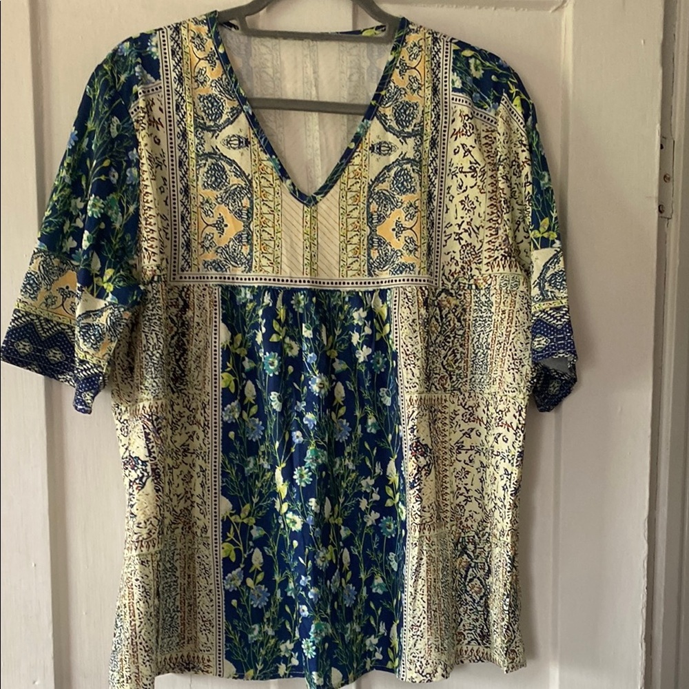 Bo Ho Green and Blue Smocked 3/4 Sleeve Blouse